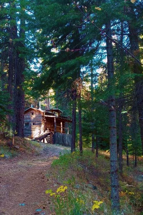 Image of the cabin in the woods during the fall season.