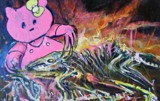 Painting "Hello Kitty Confronts the Virus: A Work in Progress"